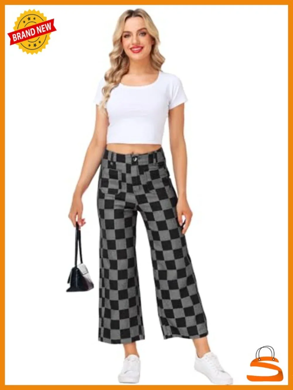Checkered Cropped Straight Leg Stretchy Denim Jeans with Pockets